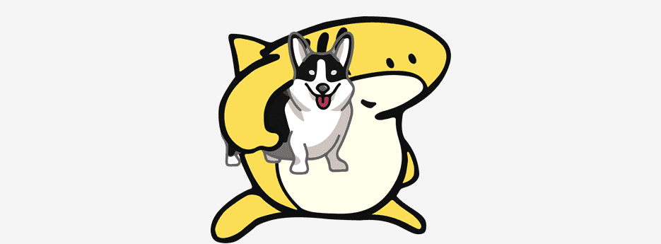 A picture of a yellow cartoon shark holding a dog